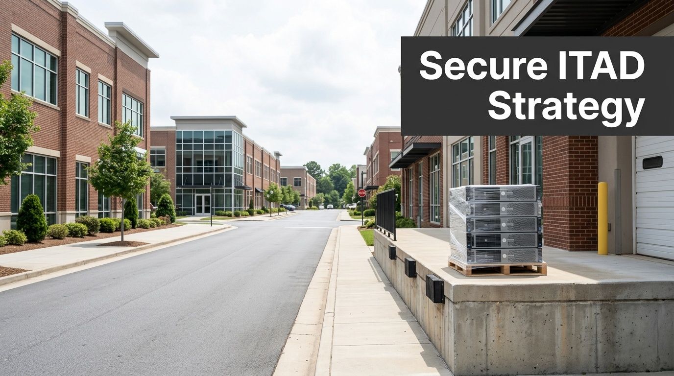 A business park scene with new servers on a loading dock, featuring 'Secure ITAD Strategy' text.