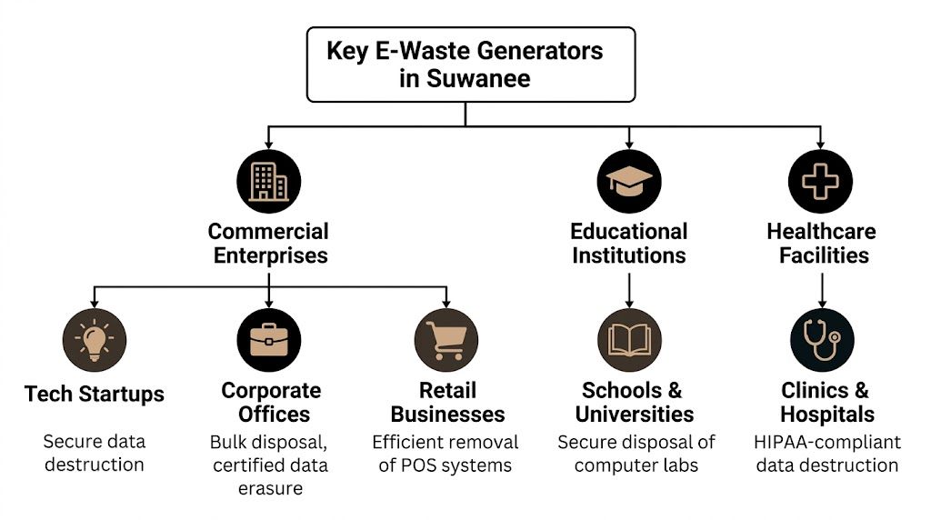 A diagram illustrating major e-waste generator categories in Suwanee, including commercial, educational, and healthcare organizations.