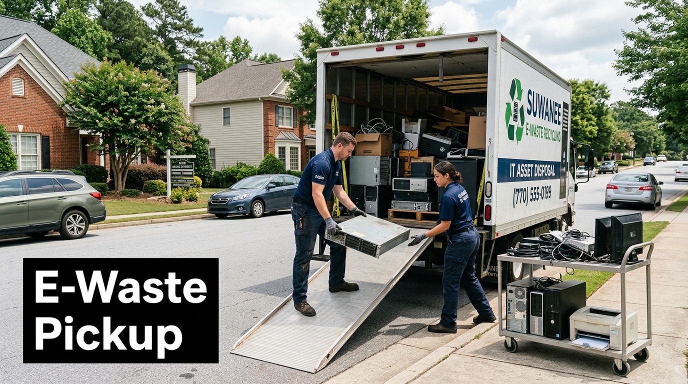 Two professional movers loading e-waste equipment into a Suwanee E-Waste Recycling truck on a suburban street.