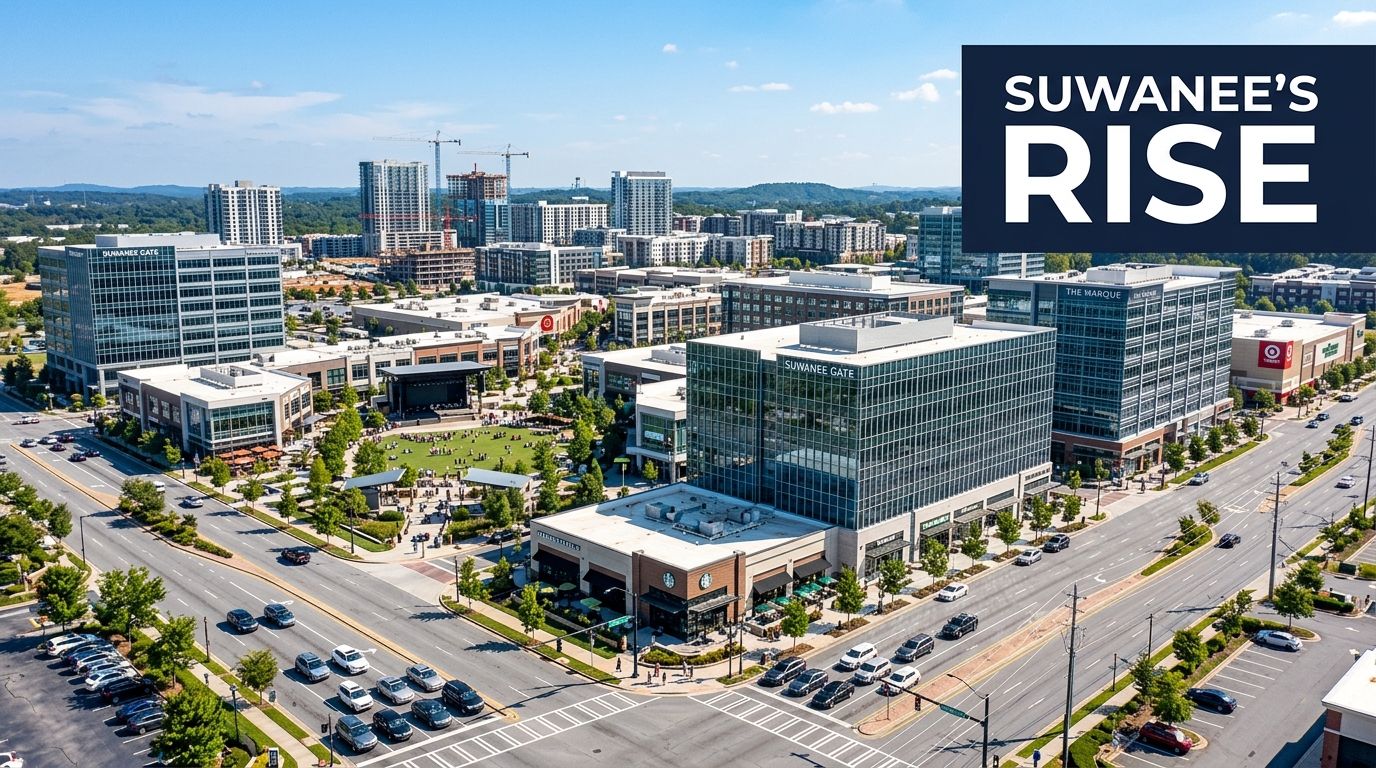 Aerial view of a vibrant commercial district in Suwanee, Georgia, featuring modern buildings, green spaces, and traffic.