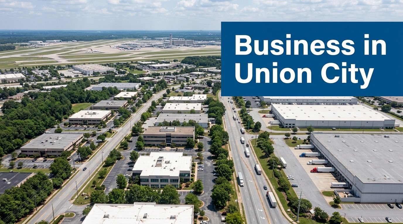 Aerial view of a vibrant business park with industrial buildings, a highway, and an airport in Union City.