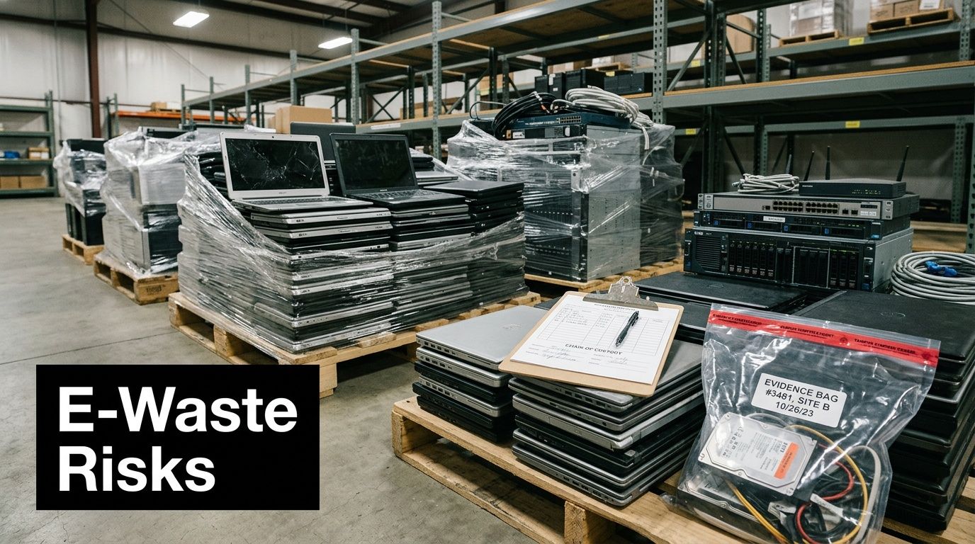 A warehouse scene with pallets stacked high with old laptops, servers, and electronic equipment, depicting e-waste.