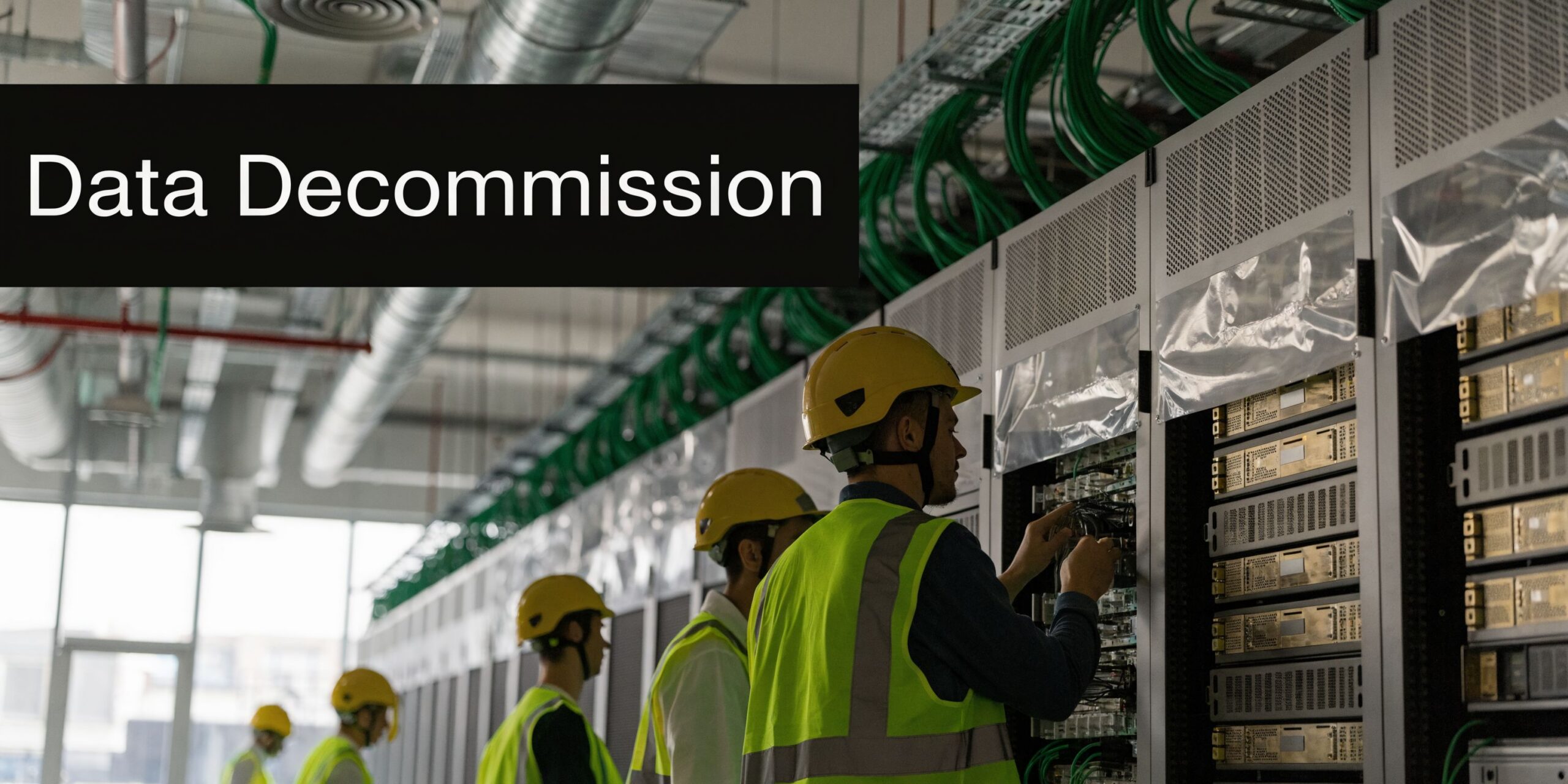 A team of data center technicians in hard hats and safety vests working on server hardware equipment.
