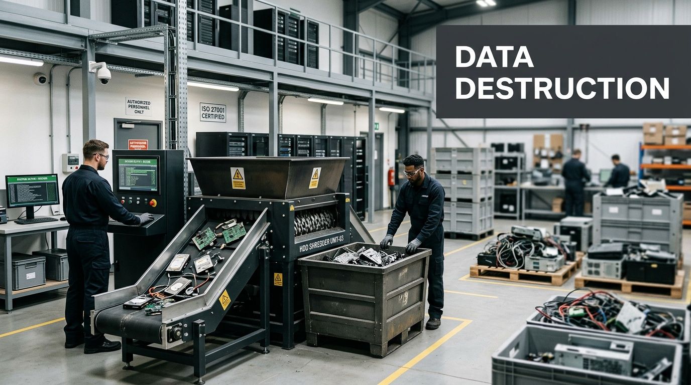 Employees in a secure industrial facility using specialized equipment to destroy electronic hard drives and media.