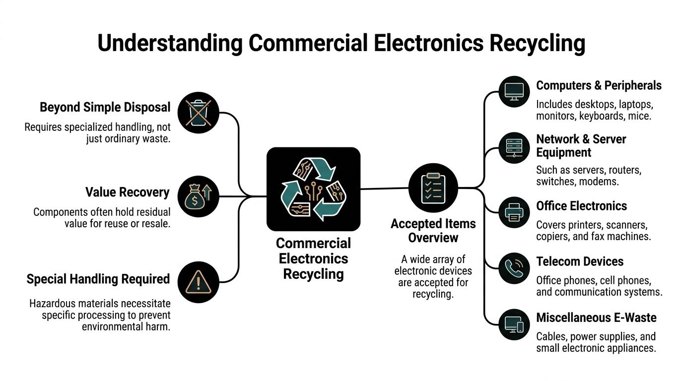 A flowchart showing the process and accepted items for commercial electronics recycling, highlighting environmental and economic benefits.