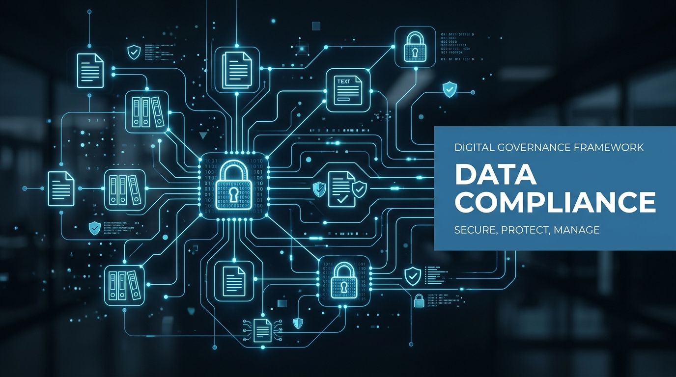 A digital graphic representing data compliance, featuring a central padlock icon surrounded by connected data document icons.