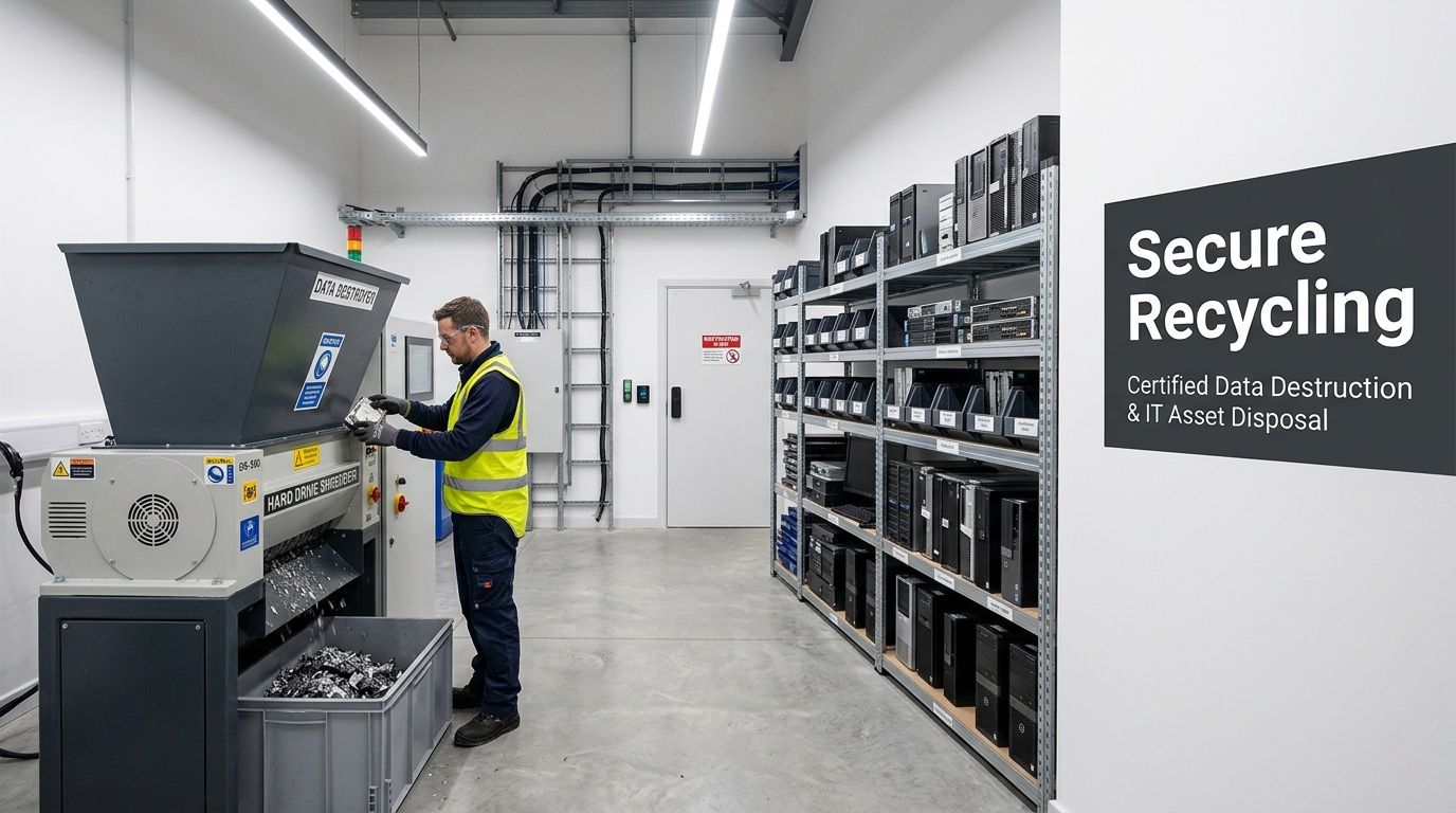 A professional technician wearing safety gear shreds a hard drive in a secure data destruction facility.
