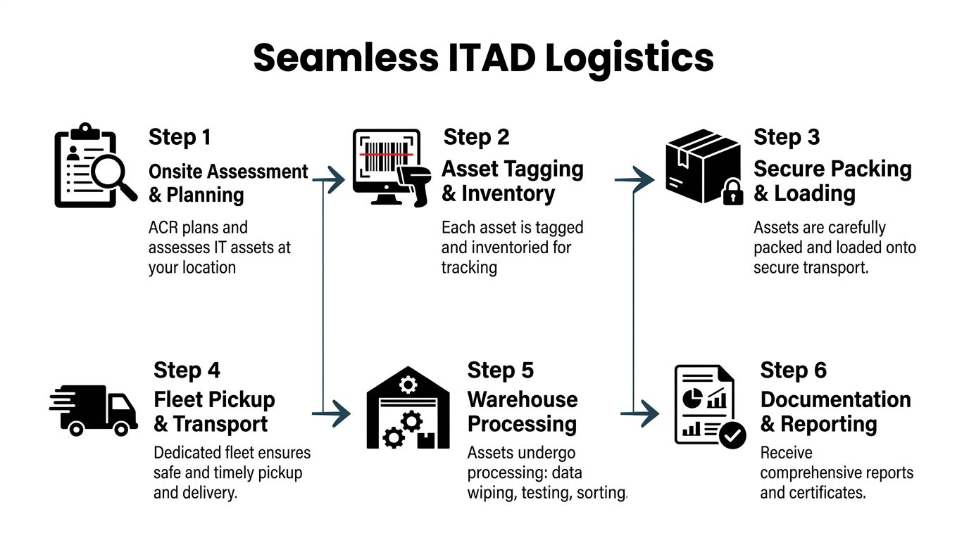A six-step infographic detailing the secure IT asset disposition logistics process from assessment to final reporting.