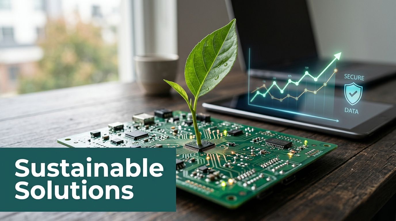 A small green plant growing out of a computer circuit board representing sustainable technology and data security.