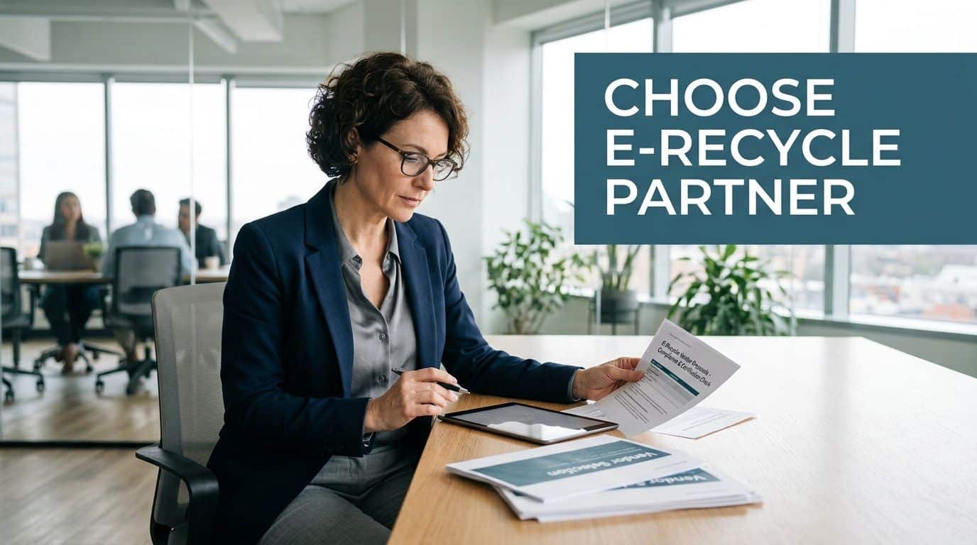 A professional woman in an office reviewing documents to select an e-recycling partner for her company.