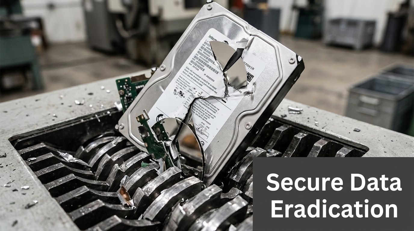 A destroyed computer hard drive being shredded by an industrial machine for secure data eradication services.