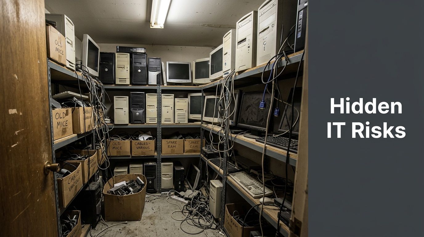 A cluttered IT storage room filled with old desktop computer towers, monitors, and bins of cables.