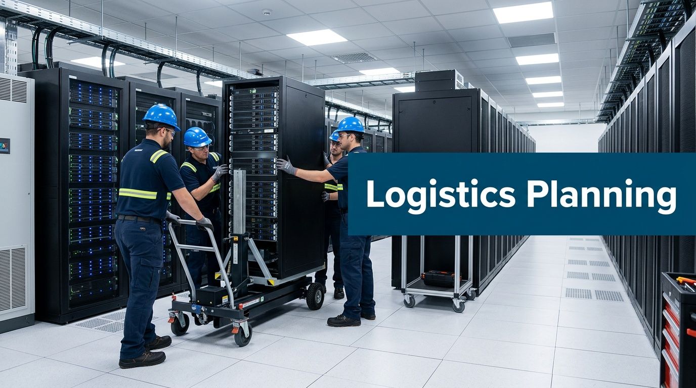 Technicians in hard hats working together to move a server rack in a modern data center facility.