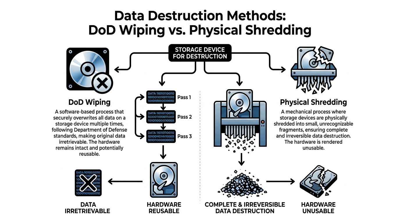 An infographic comparing DoD data wiping and physical hardware shredding methods for secure storage device destruction.