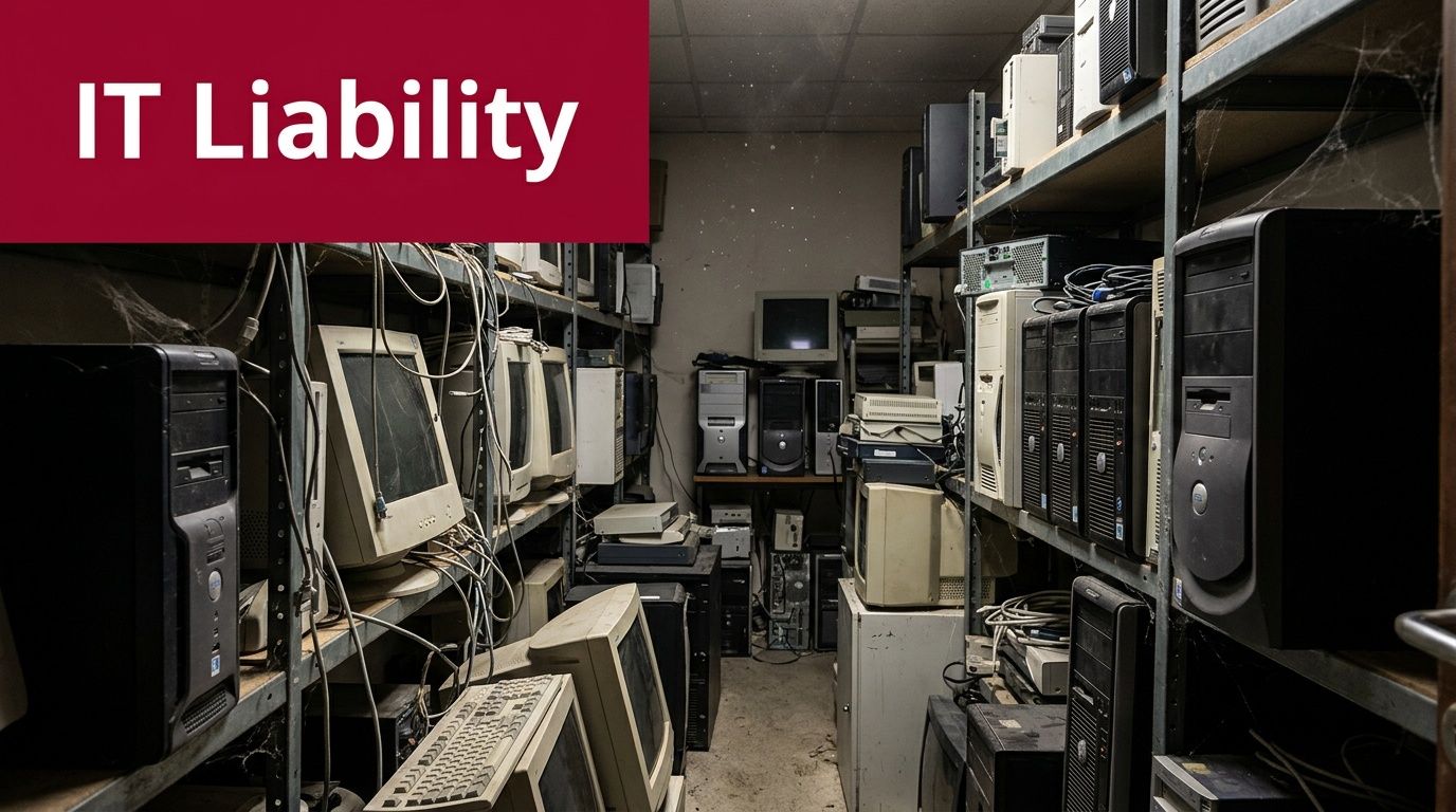 A cluttered, dusty storage room filled with old, discarded computer towers, CRT monitors, and tangled cables.