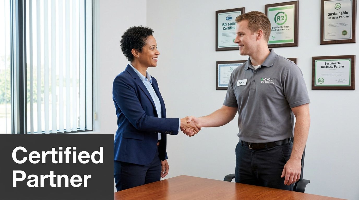 Two business partners shaking hands in an office, with "E-Cycle Solutions" branding visible.