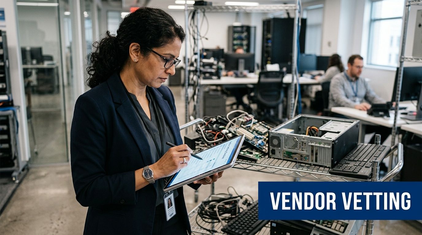 A professional woman in an office setting examines computer hardware equipment using a digital tablet.
