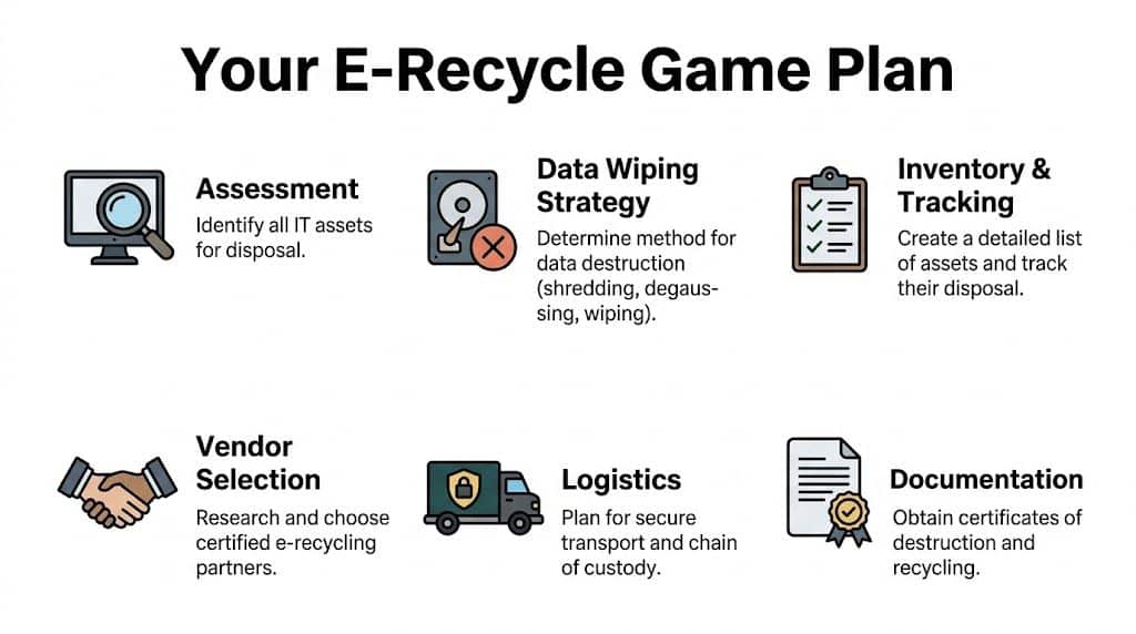 A visual guide outlining six essential steps for a successful and secure e-waste recycling management plan.