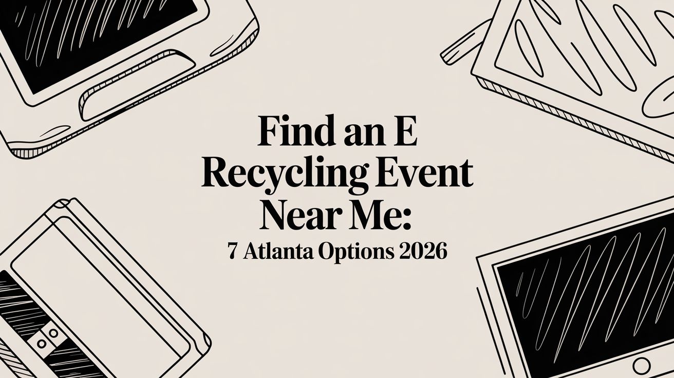 e-recycling-event-near-me-electronic-waste - Beyond Surplus ITAD | 770-740-6640 Poster-style graphic reading 'Find an E-Recycling Event Near Me: 7 Atlanta Options 2026' with outlines of laptops and devices around the edges.