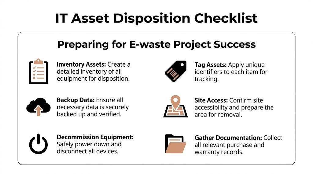 An infographic checklist for managing e-waste disposal, covering asset inventory, data backups, and decommissioning equipment.
