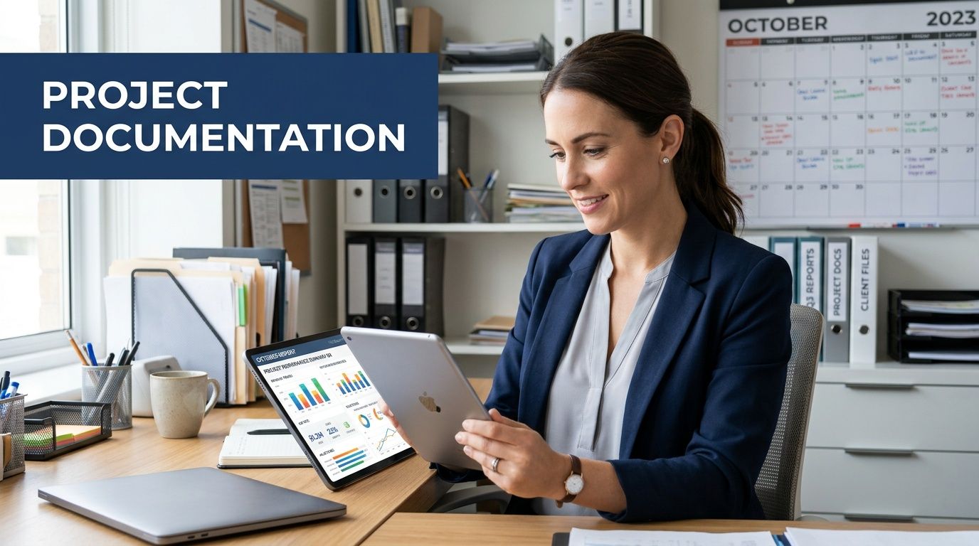 A professional woman in a business suit reviewing project performance data on a tablet in her office.