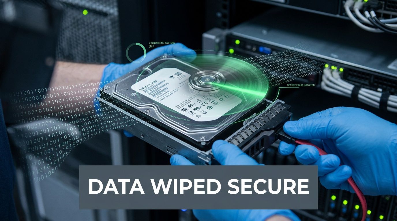 A technician wearing blue protective gloves securely wiping data from a hard drive in a server room.