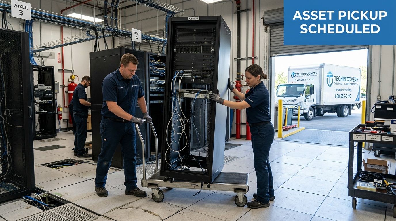 Two technicians moving a server rack to a TechRecovery truck for professional e-waste disposal and recycling services.