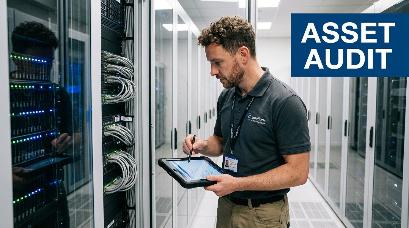 A professional IT technician performs an asset audit while inspecting server racks in a secure data center.