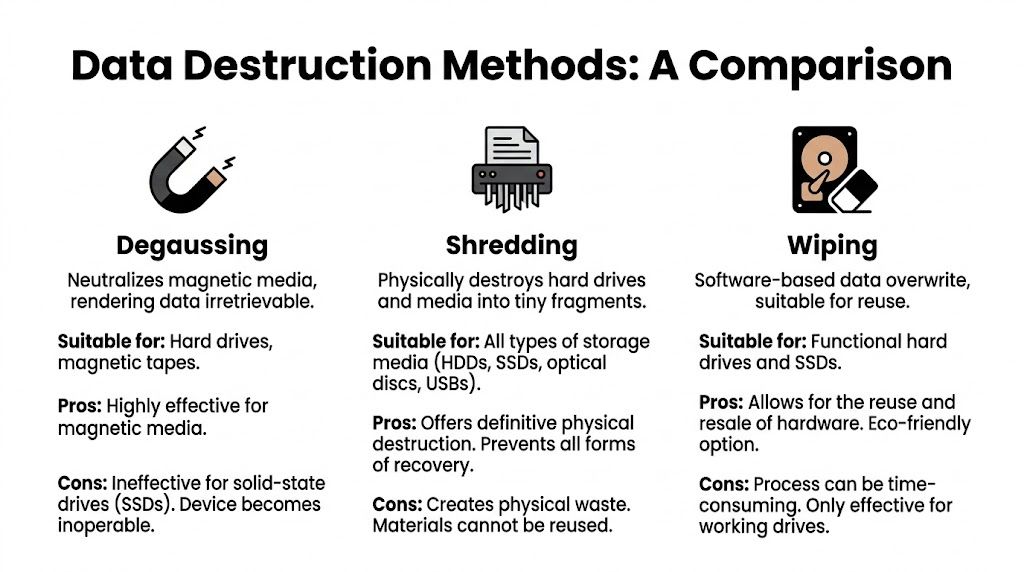 A comparison chart outlining the pros, cons, and suitability of data destruction methods including degaussing, shredding, and wiping.