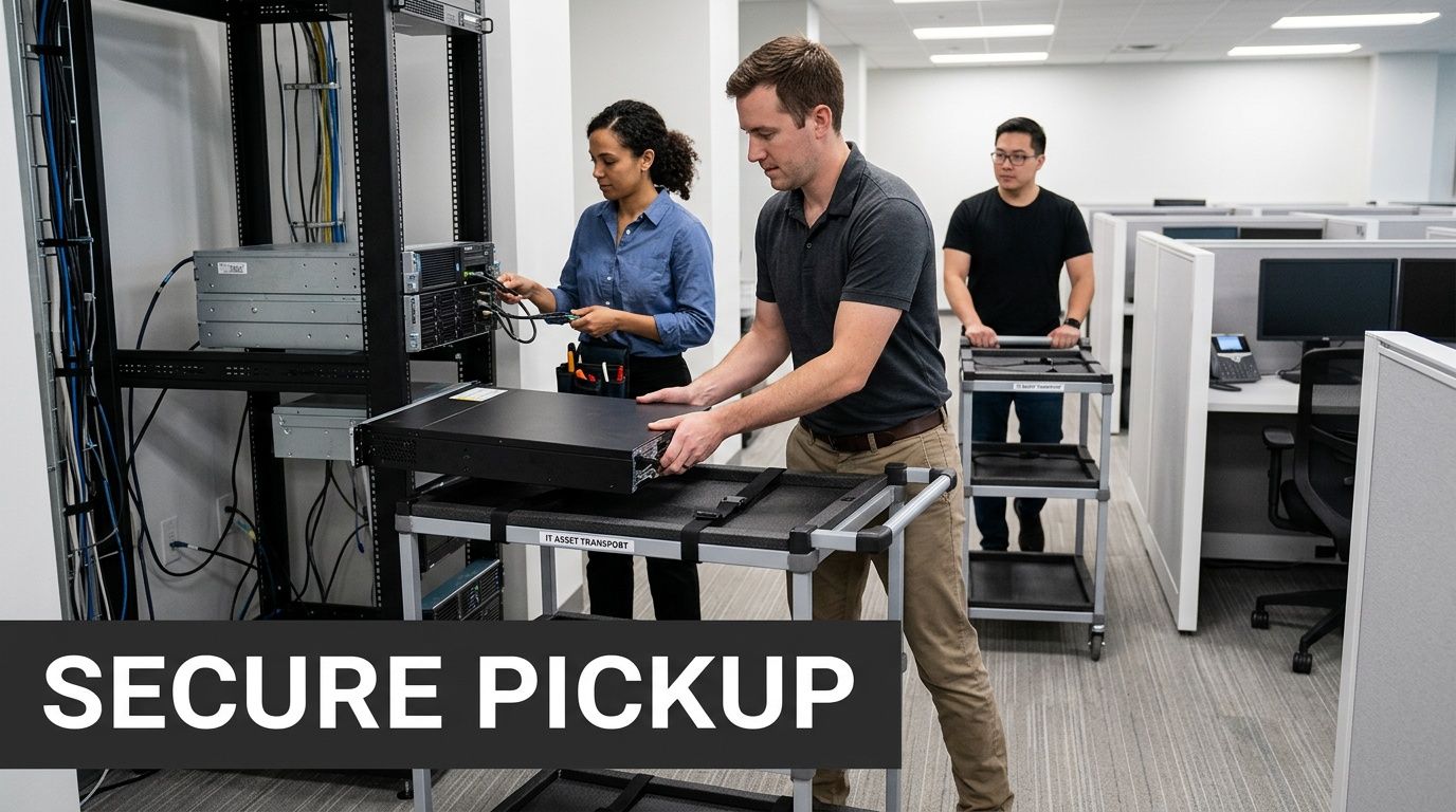Two technicians moving IT server equipment onto a secure transport cart in a professional office server room.