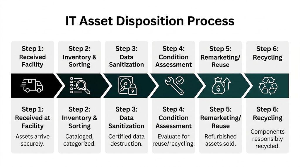 A six-step infographic detailing the IT asset disposition process from receiving to final recycling.