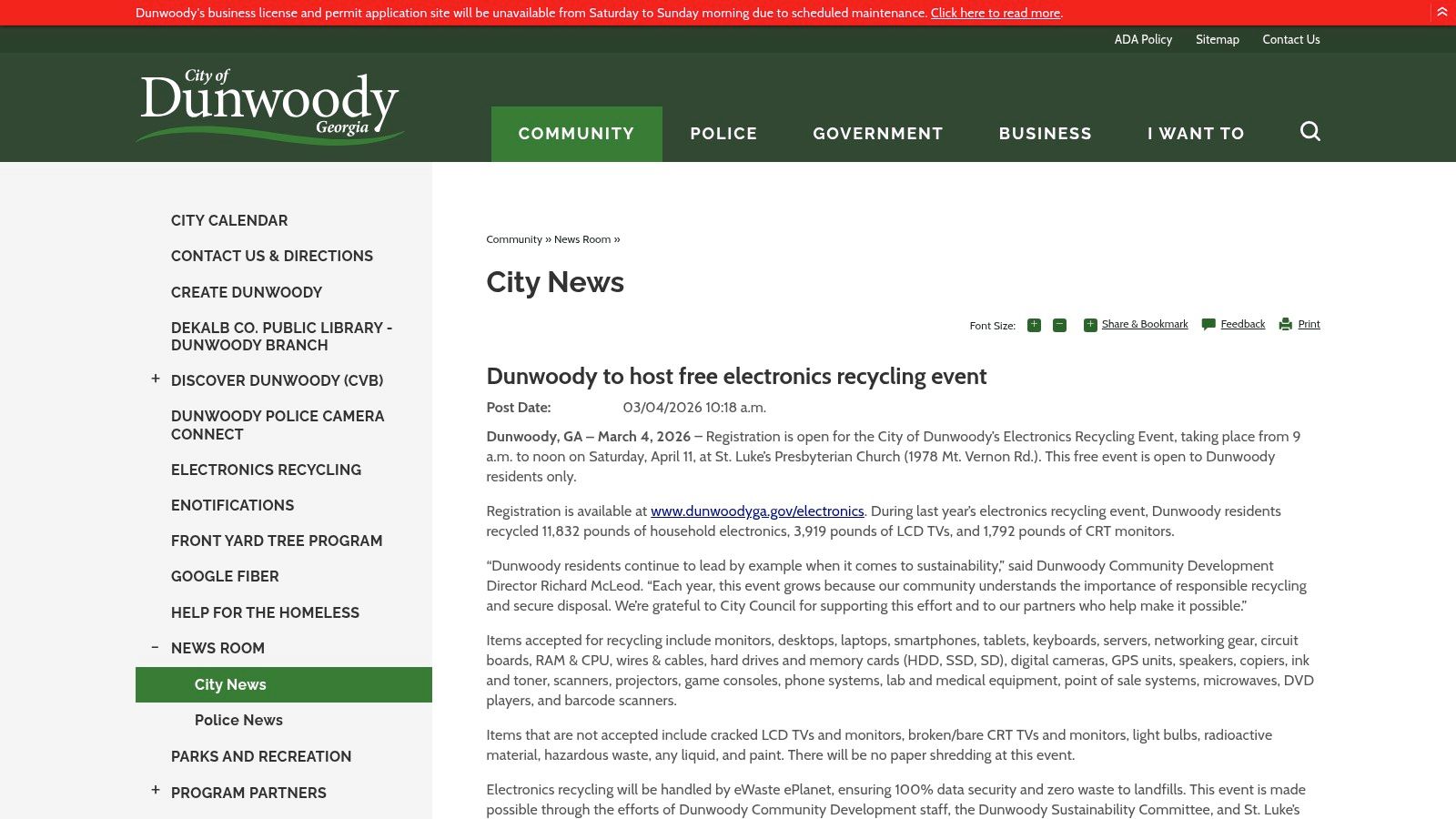City of Dunwoody – Electronics Recycling Event (Dunwoody)