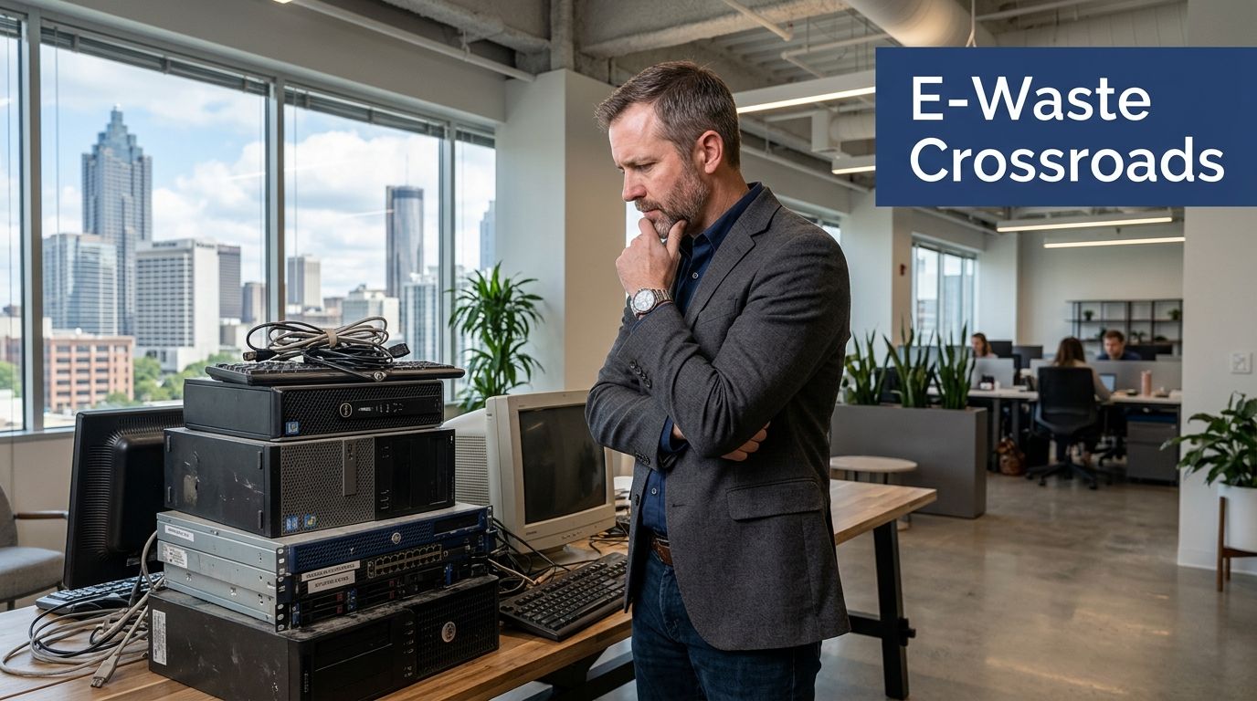 A man in a blazer stands pensively looking at a stack of old electronic equipment in an office.