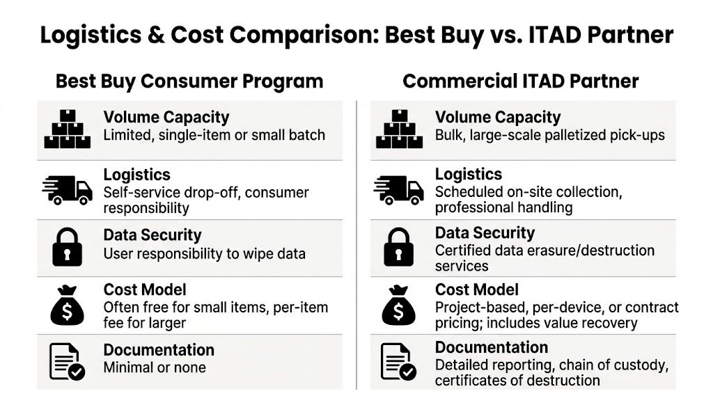 A comparison chart outlining differences between Best Buy consumer electronics recycling and professional commercial ITAD services.