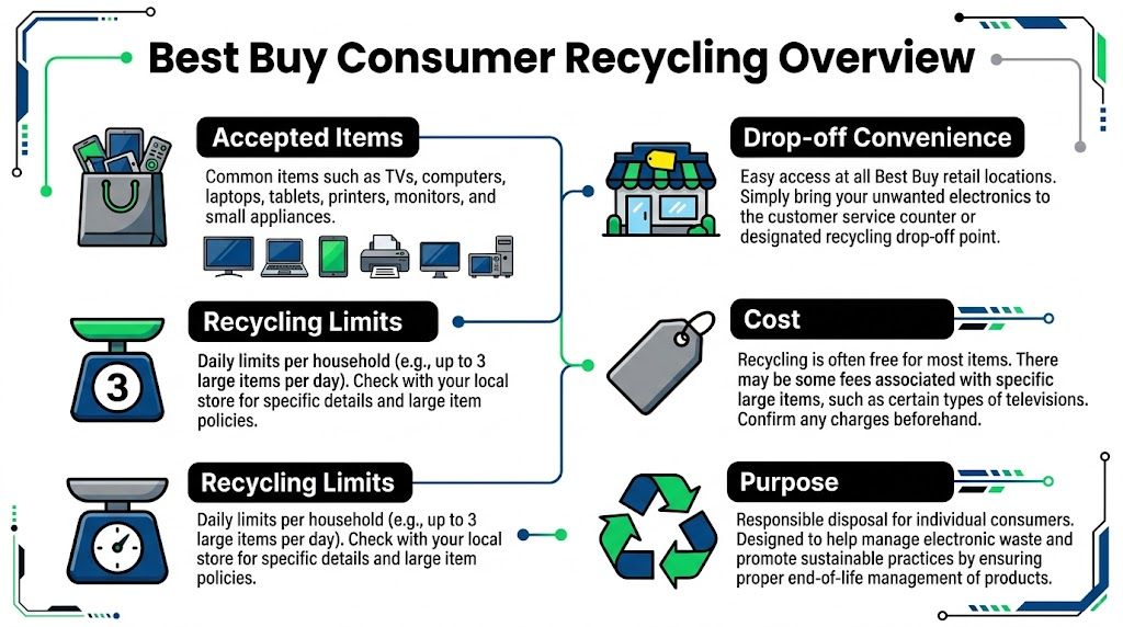 An infographic titled Best Buy Consumer Recycling Overview, illustrating recycling policies, drop-off locations, costs, and sustainable practices.