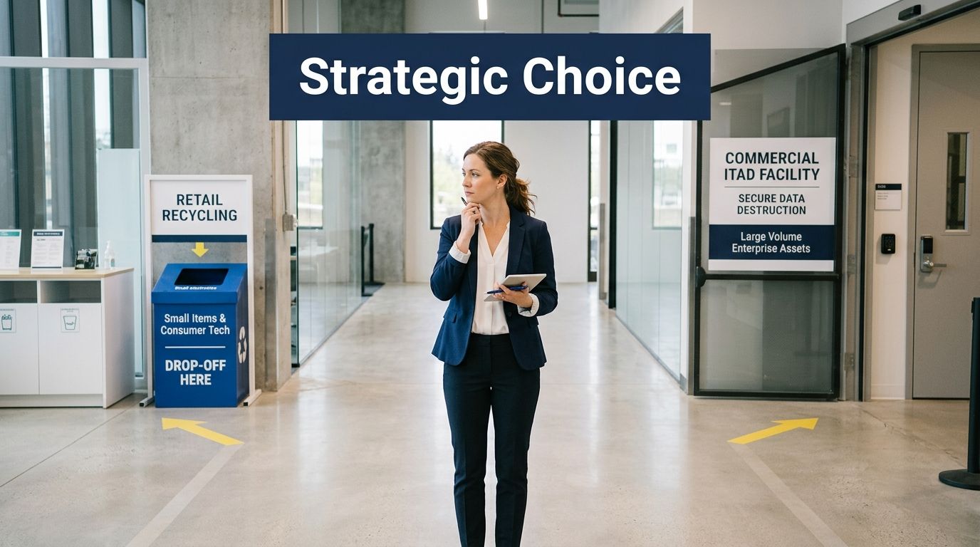 A businesswoman standing between options for retail electronics recycling and a commercial ITAD facility.