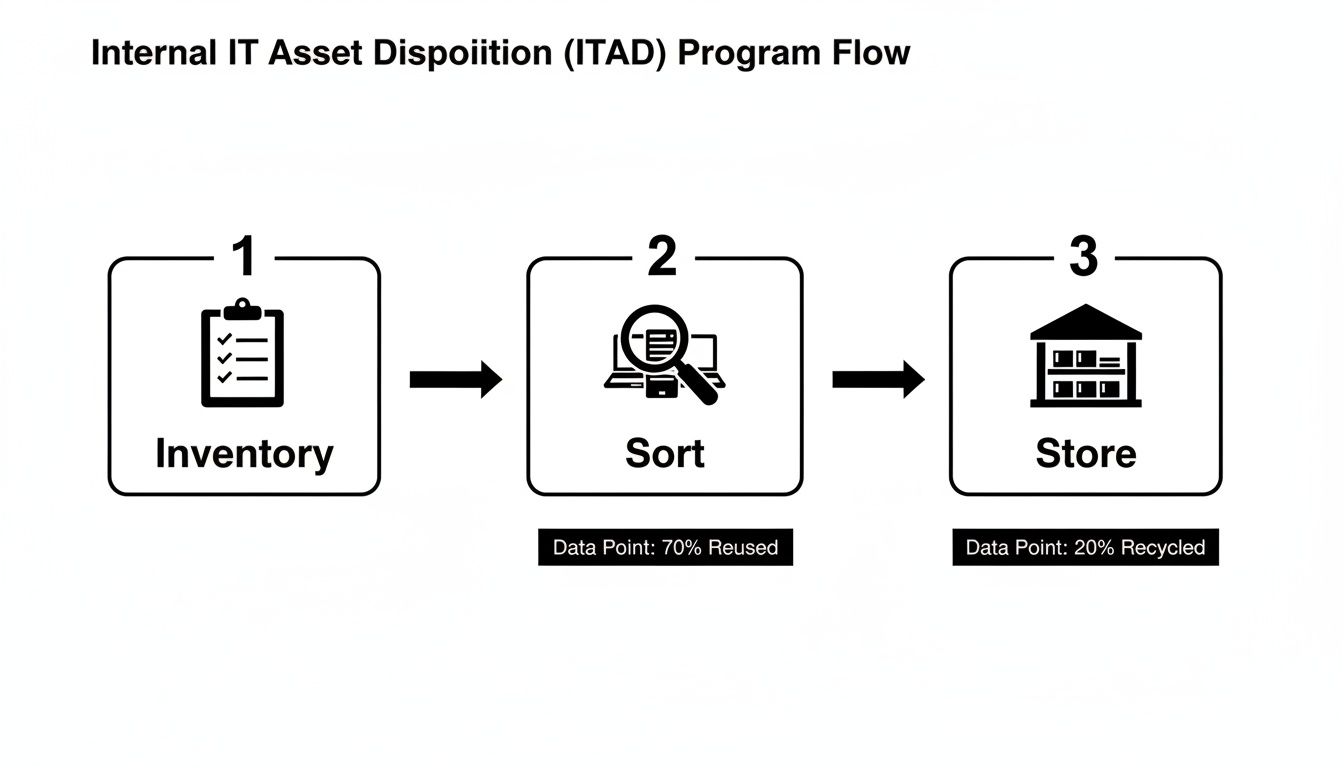 Flowchart detailing the Internal IT Asset Disposition (ITAD) program with steps: Inventory, Sort (70% Reused), and Store (20% Recycled).