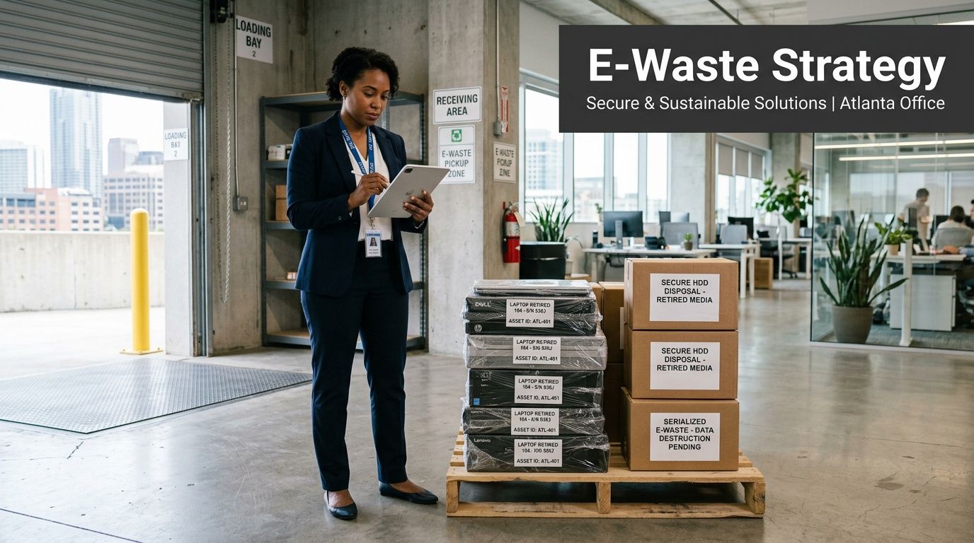 A woman checks a tablet next to stacks of retired laptops and e-waste disposal boxes in an office loading bay.