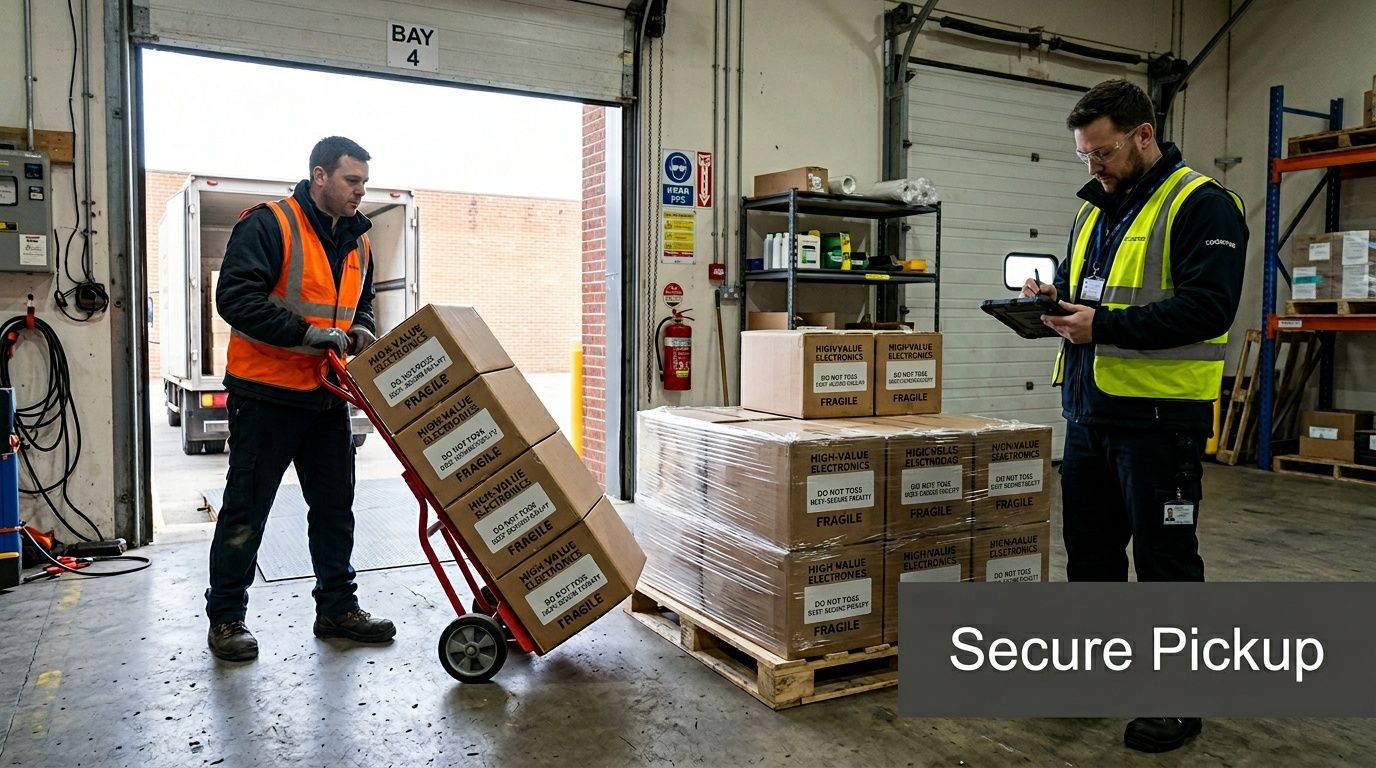 Two logistics workers in high-vis vests handling high-value electronics packages for secure pickup.