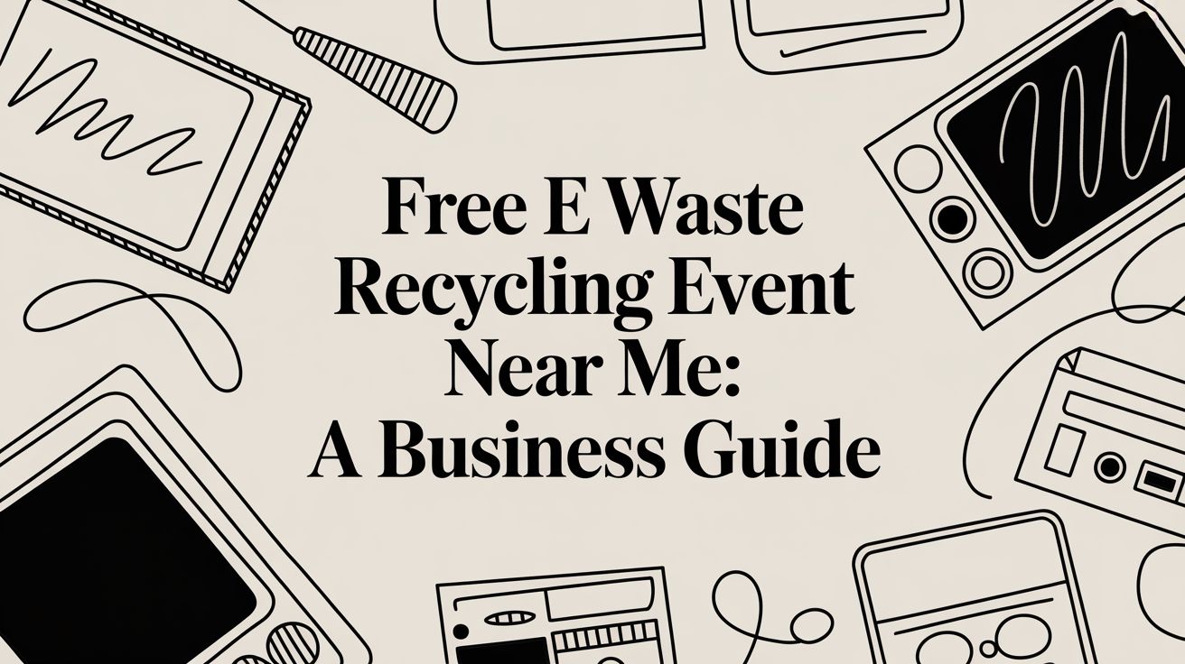 Banner text: 'Free E Waste Recycling Event Near Me: A Business Guide' with outline electronics around the edges.