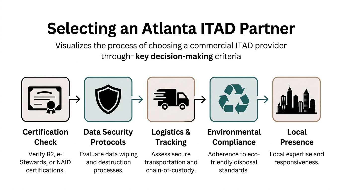 A flowchart outlining the five essential criteria for selecting a professional commercial IT asset disposition partner.