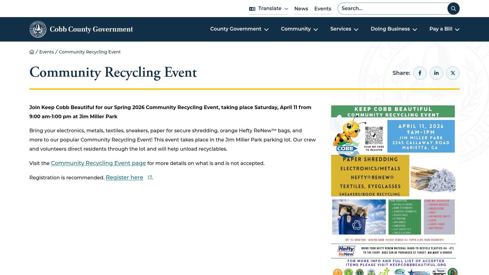 Keep Cobb Beautiful: Spring 2026 Community Recycling Event (Marietta)