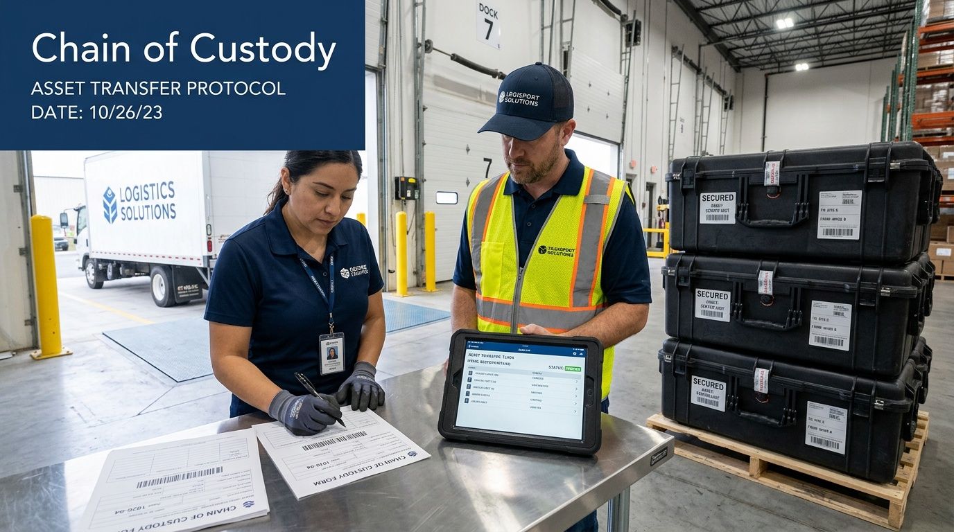 Logistics professionals processing asset transfers, signing forms, and checking digital records with secured cases.