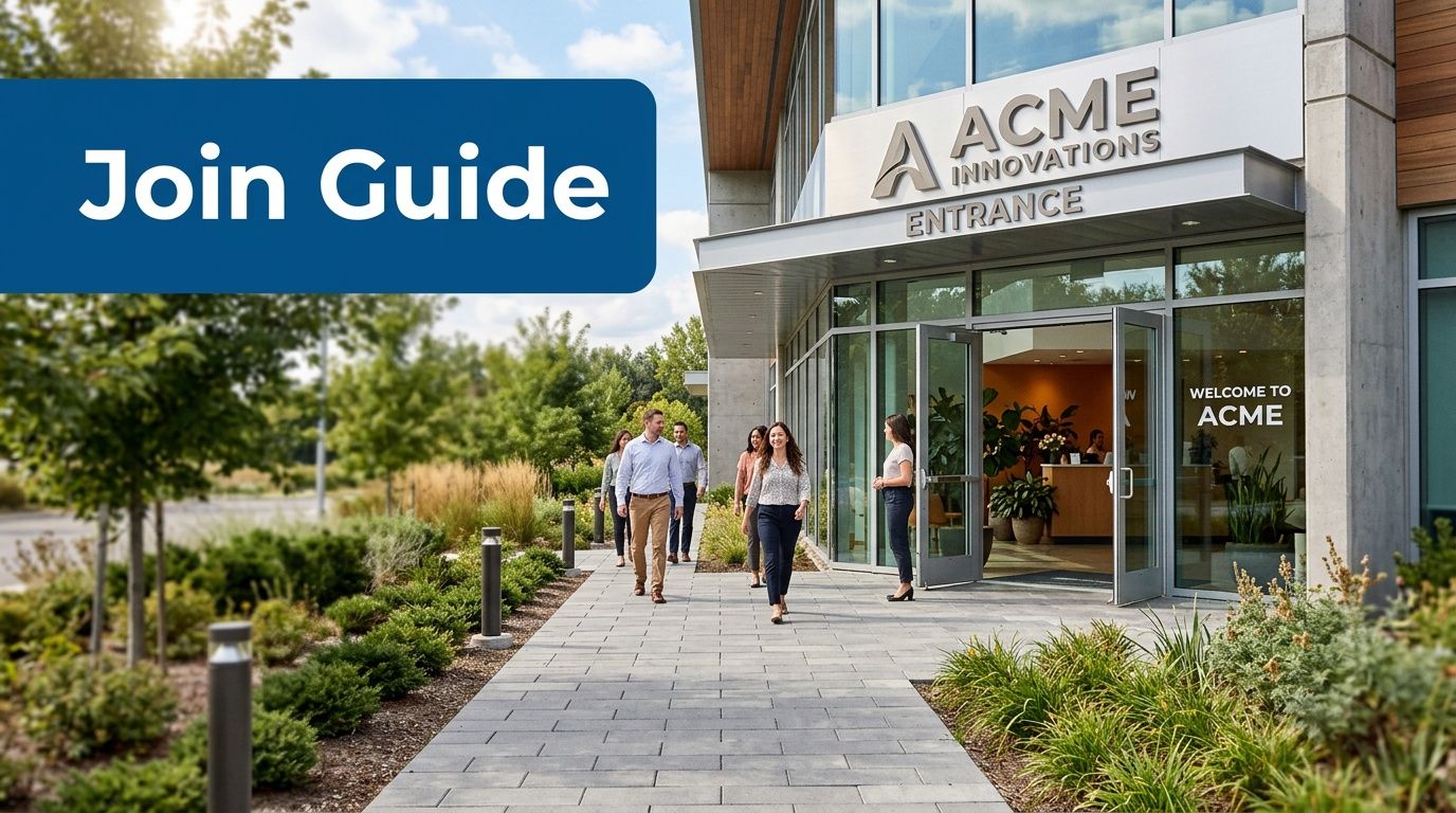 A group of professionals walking toward the entrance of the modern Acme Innovations corporate office building.