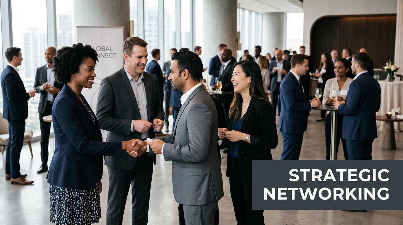 A diverse group of professionals in business attire networking and exchanging business cards at a corporate event.