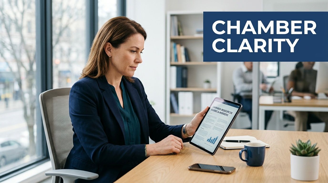 A professional woman in a dark blazer reviews digital documents on a tablet at her office desk.
