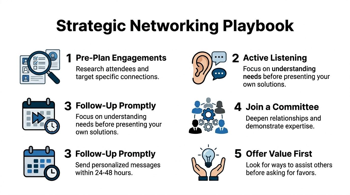 A strategic networking playbook infographic featuring five essential professional tips for effective business relationship building.