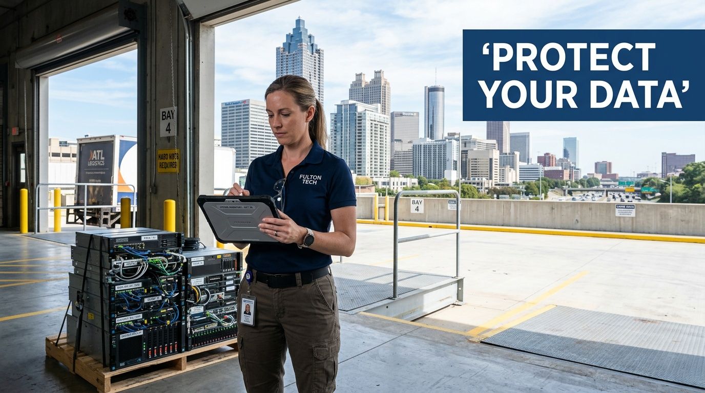 Fulton Tech employee manages data servers with a tablet at a city loading bay.