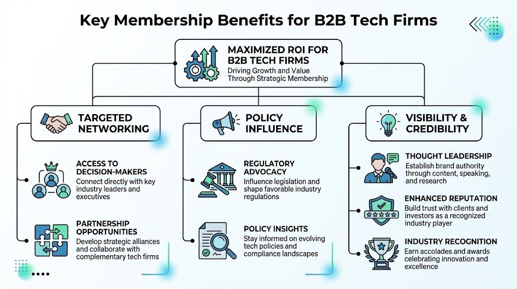 A diagram outlining key membership benefits for B2B tech firms, including networking, policy influence, and brand credibility.
