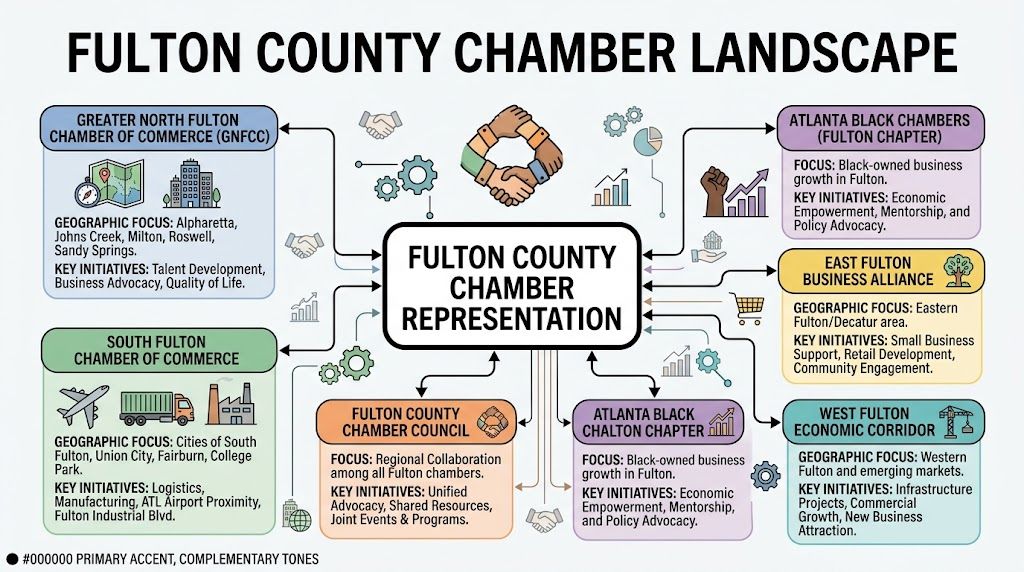 A diagram outlining the diverse chambers of commerce and business organizations operating within Fulton County, Georgia.